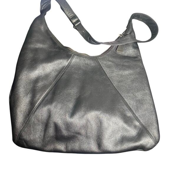 Americana by Sharif Metallic Gray Leather Shoulder Crossbody Bag Slouchy Chic - Picture 1 of 16